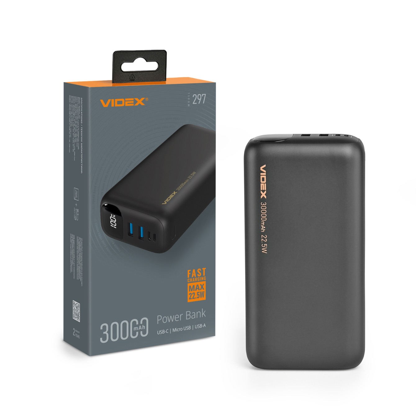 Повербанк 30000mAh VIDEX VPB-297 22.5W Black